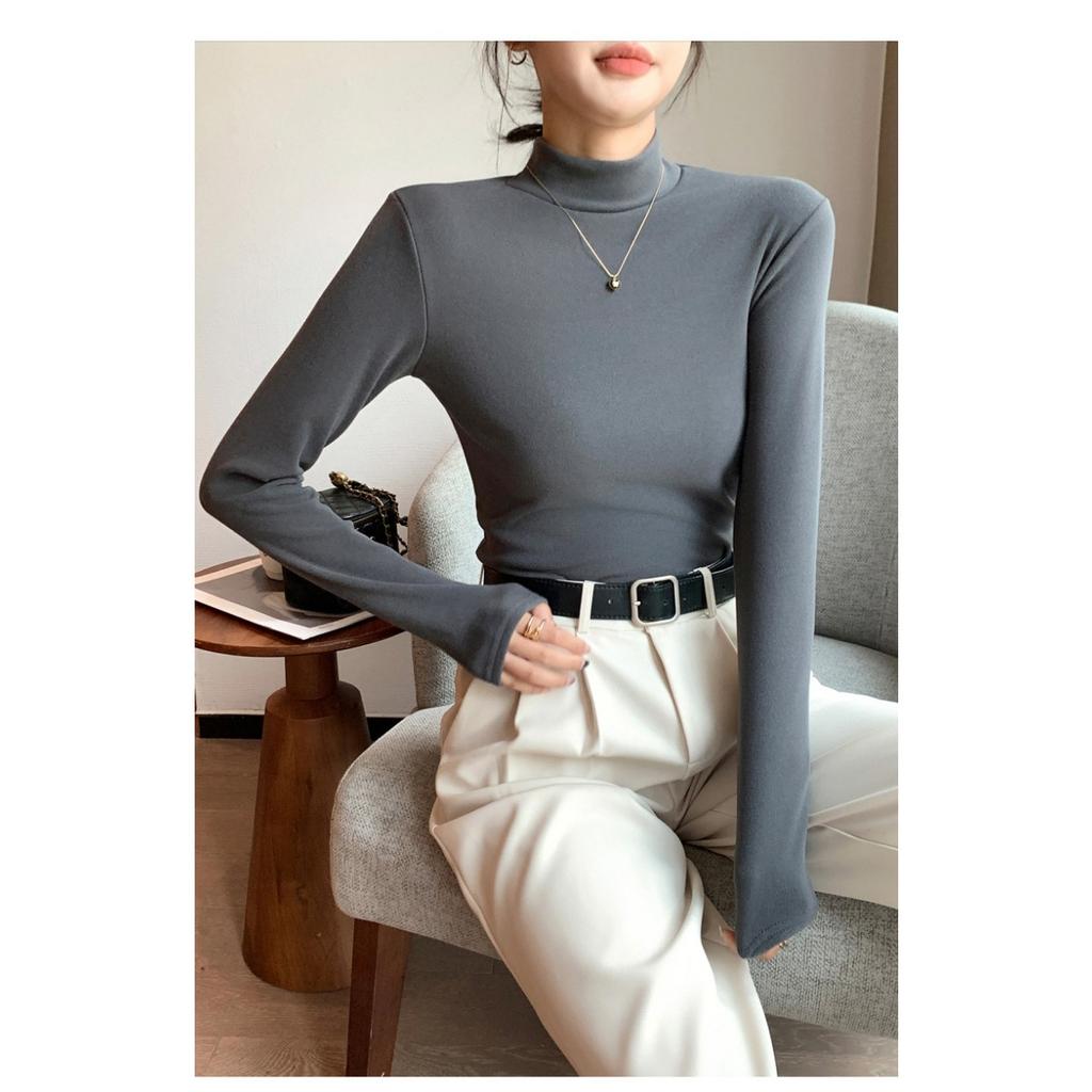 Half High Neck Double-sided German Velvet Base Shirt for Women , with Solid Color and Thick Velvet Inside, Warm Long Sleeved Top