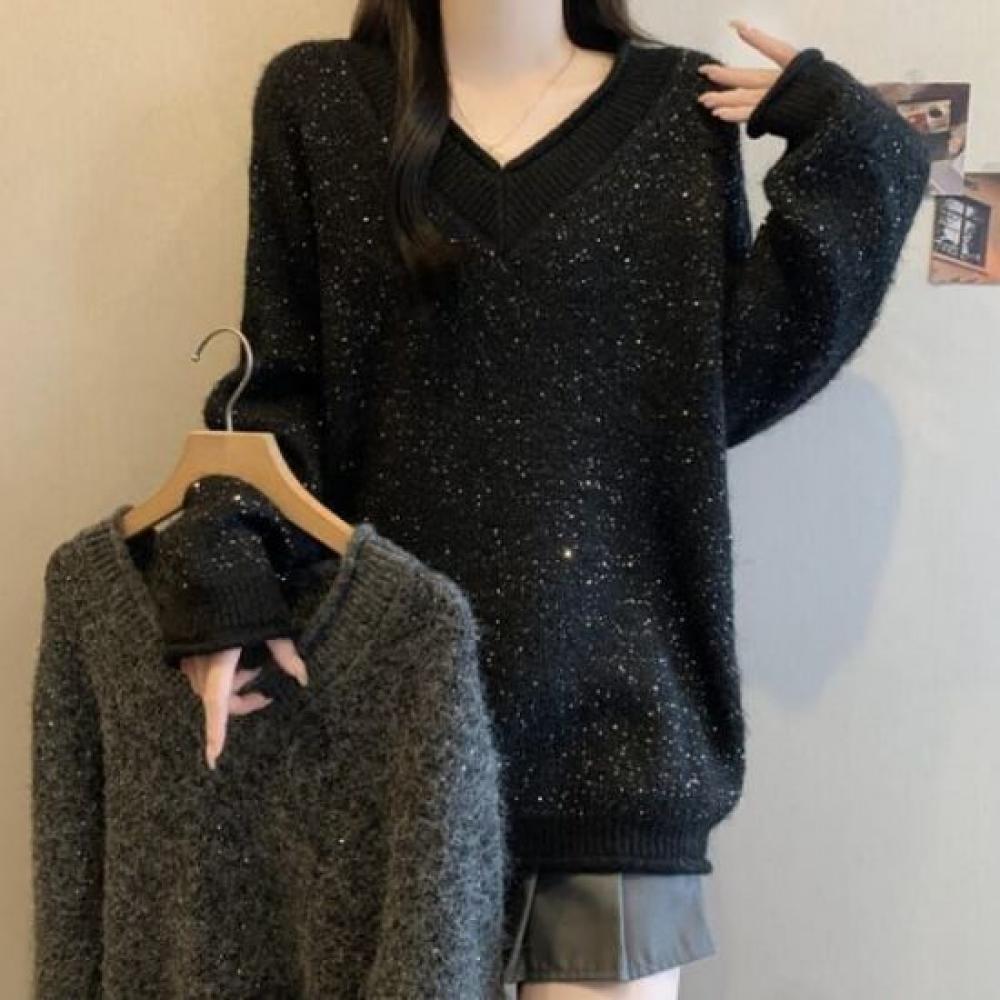 NaVaVa Vintage Loose Fit Pearl V Neck Long sleeVe Knit Sweater Nk3385