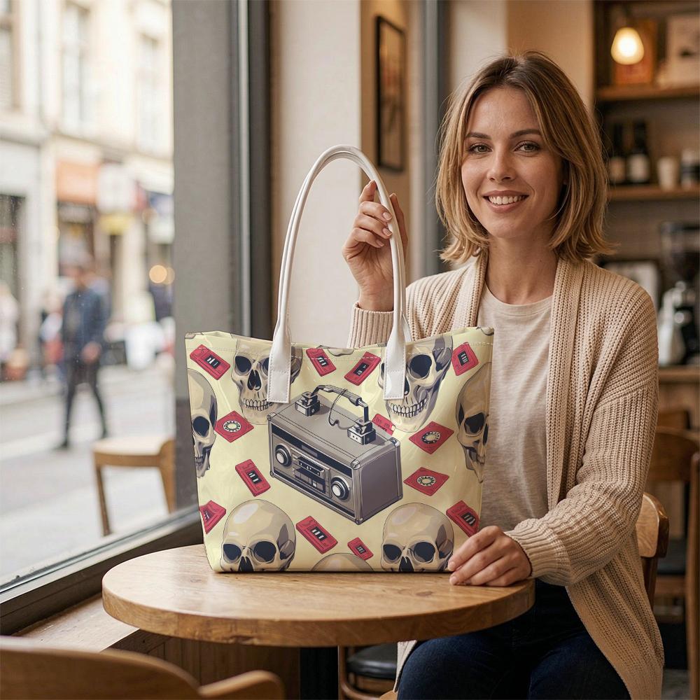 Trendy Skull Cassette Retro Radio Pattern Tote Bag Daily Use Portable Shoulder Bag