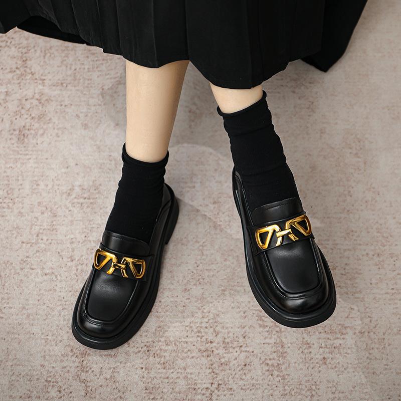 British Style Small Leather Shoes Retro Mary Jane Shoes One-Word Buckle Flat-Soled Single Shoes Women'S Real Leather Shoes