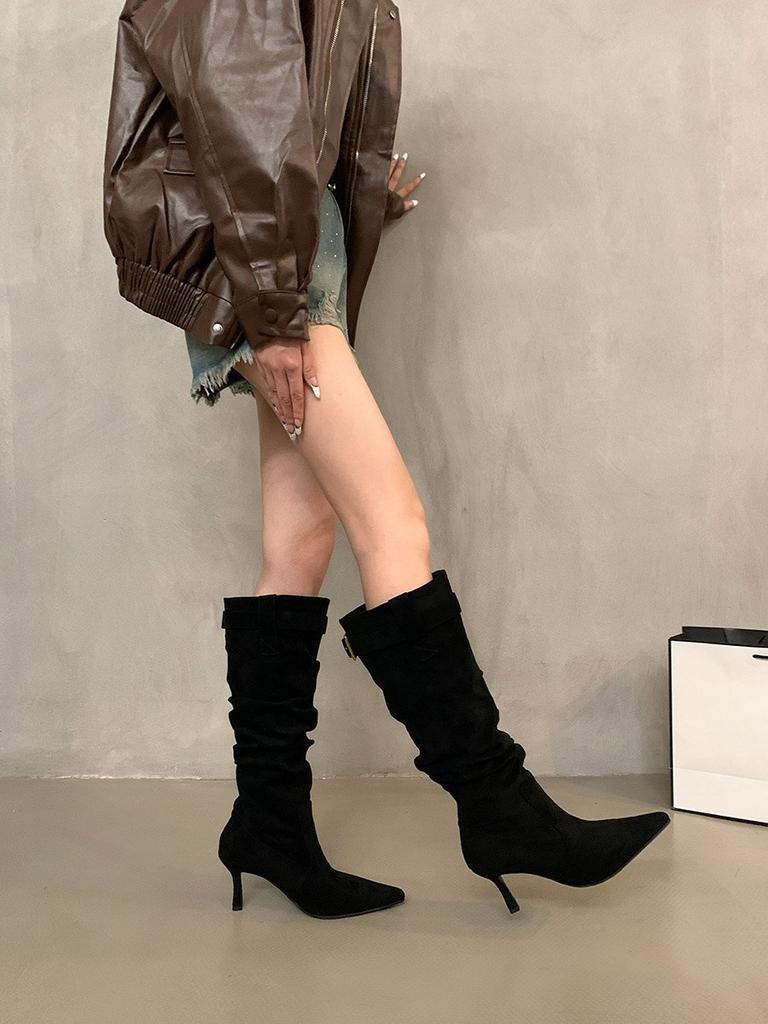 High Heel Boots Pointed Head Brown Skinny Boots Long Knight Boots Spring and Autumn Temperament Pile Long Boots