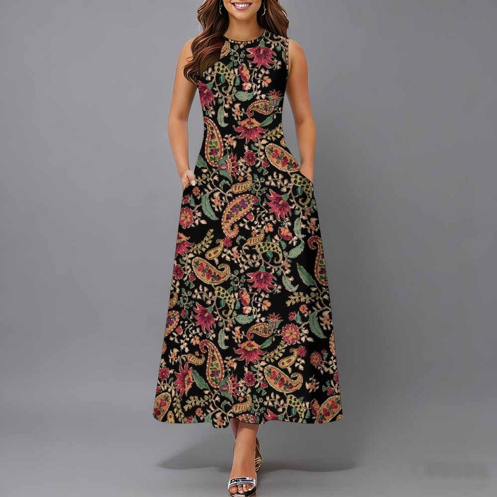 Women Plus Size Sleeveless Crew Neck Dress Watercolor Floral Printed Loose Midi Dress For Vacation Daily Wear
