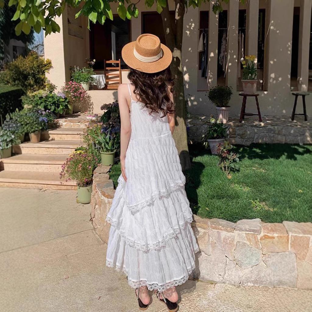 White Suspender Dress Women's Summer New Age-reducing Seaside Vacation Cake Skirt Beach Long Skirt