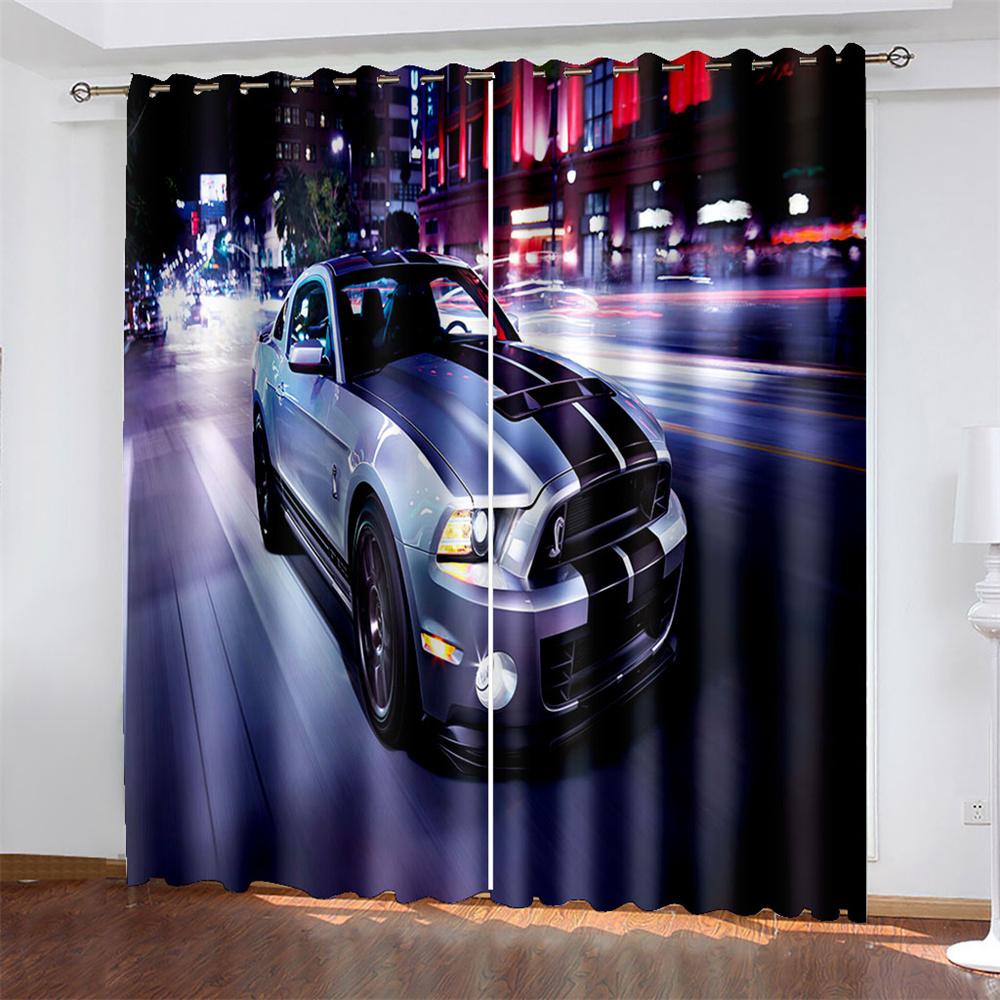 Car   Printing Woven Curtains Bedroom Blackout Curtains with Two Independent Curtains On The Left and Right