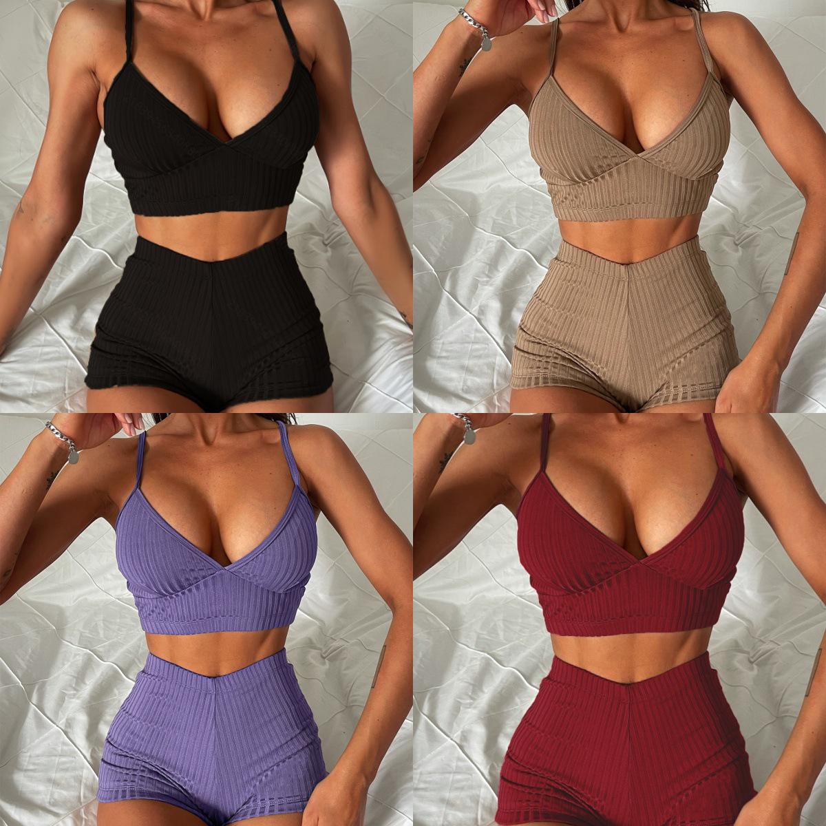 

Sexy Ribbed Solid Color Bikini Set - Women’s Hot Style Swimsuit Medium кофейный
