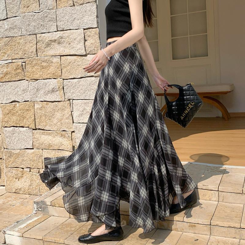 Qooth Plaid Ruffle Midi Skirt Coffee Brown Elastic Waist Polyester Skirt QT2879 One Size чёрный