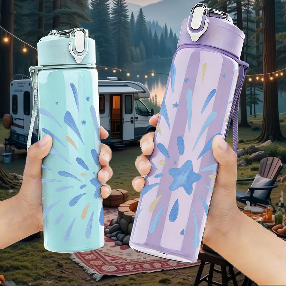1PC Burst Firework Blue White Art 750ml Color Plastic Sports Water Bottle Leakproof Flip Straw Lid Suitable for Sports Office Home Use