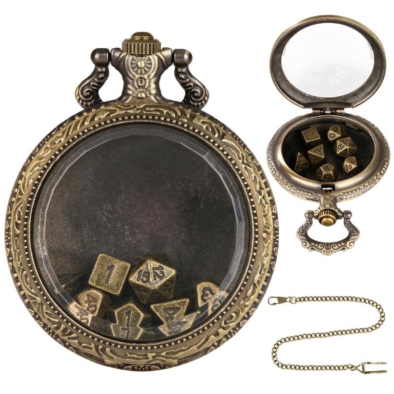 Unique Pocket Watch Case with 7pcs/set Metal Polyhedral Dices Pendant Delicate Pocket Watch for Gamers and Collectors