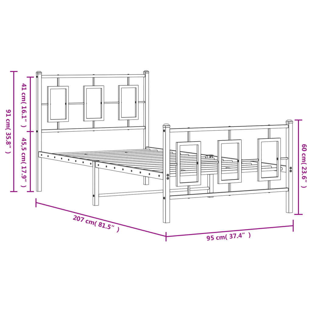 Metal Bed Frame with Headboard and Footboard Black 90x200 cm