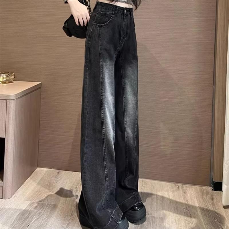 Wide Leg Jeans for Women High Waisted Slim fit Loose fit With Fleece Black Gray Drape Straight Leg Pants K