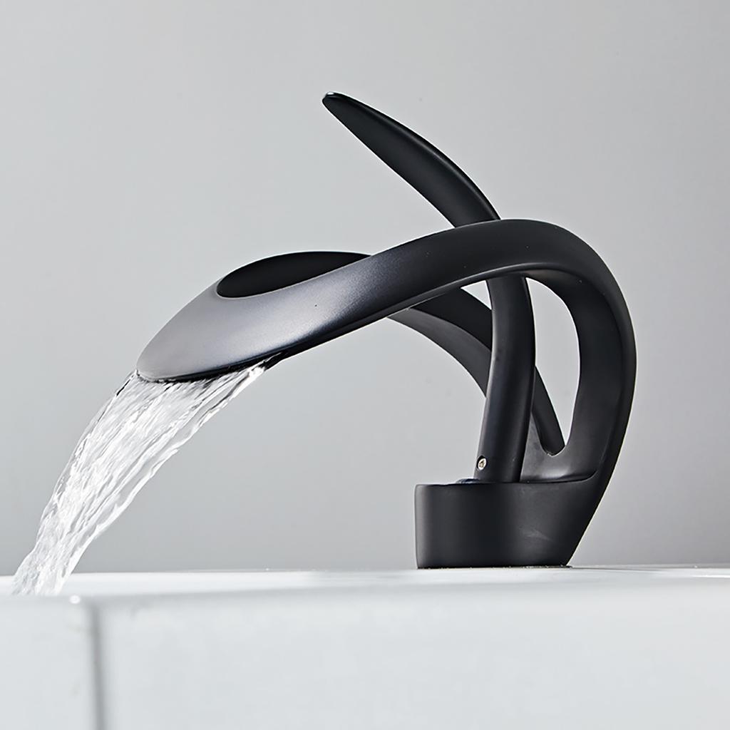 Deck Mounted Bathroom Sink Faucet Brass Black Bathroom Sink Faucet Waterfall Hot and Cold Water Mixer Faucet