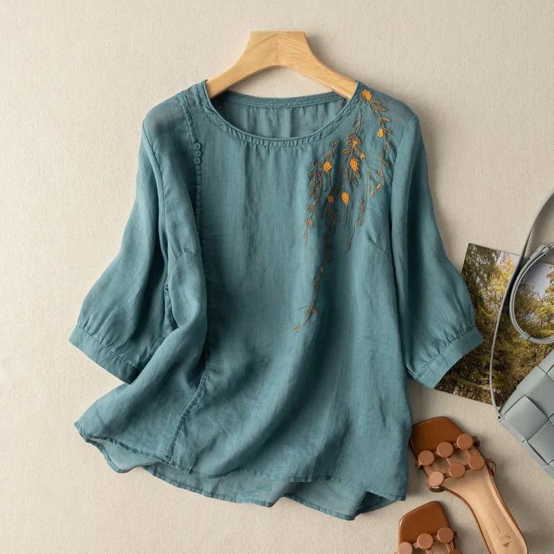 

Хлопковая блузка с коротким рукавом Женская летняя ретро с круглым вырезом Свободная дышащая Мягкая посадка Льняная футболка Топы XXXXL синий