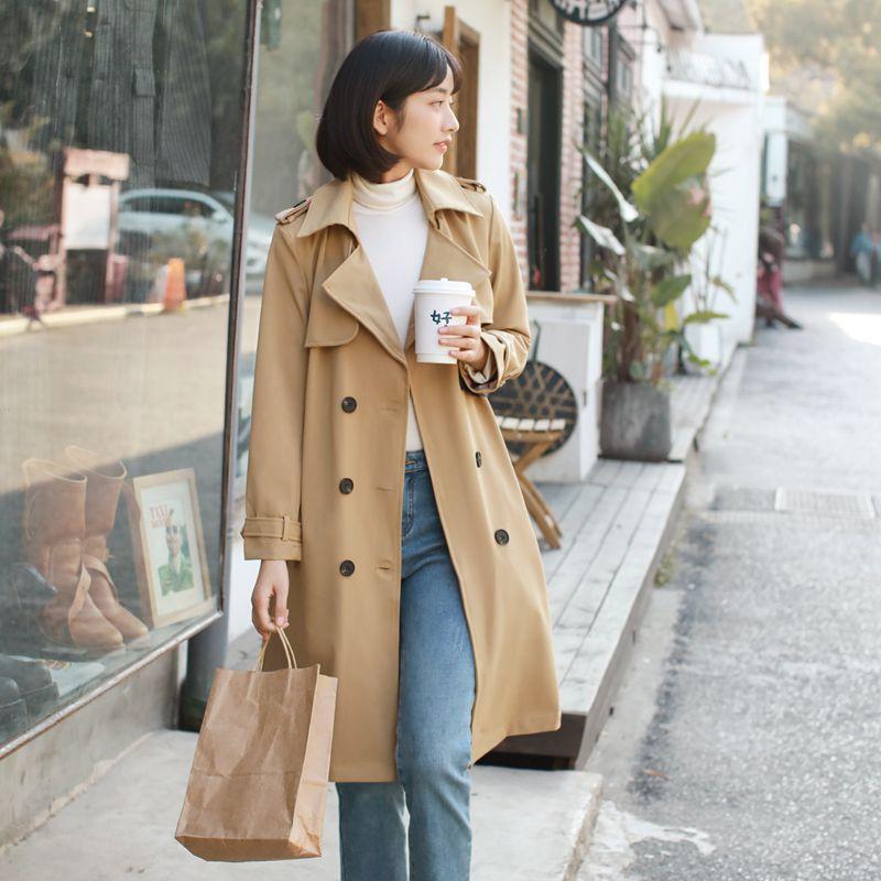 

Весенний темперамент универсальный британский стиль ботфорты средней длины двубортное тренч-пальто женский тренд 3XL хаки