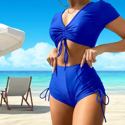 2 unids/set de Bikini de verano para mujer, Tops de manga corta con cuello en V, bañadores con cordón de cintura alta, traje de baño de secado rápido de Color sólido