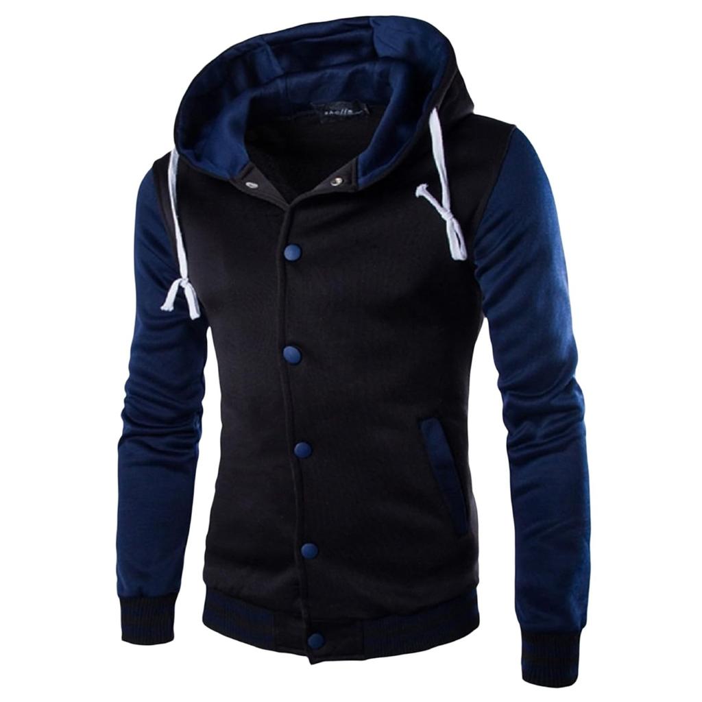 Men's Slim Fit Baseball Jacket Casual Sports Hooded Fleece Lined Button Pullover Sweatshirt With Pocket