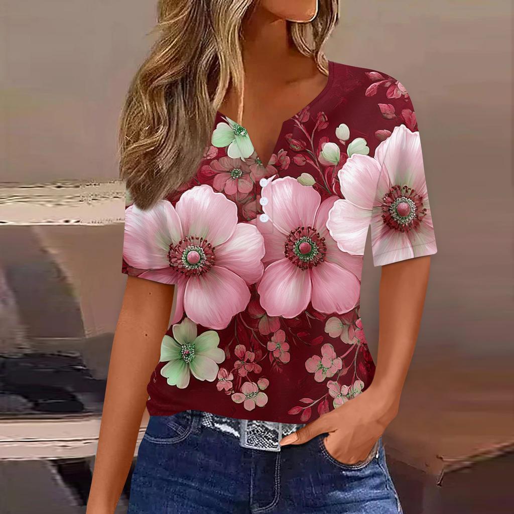 Women's T Shirt Print Button Short Sleeve Daily Weekend Fashion Basic V-Neck Regular Top