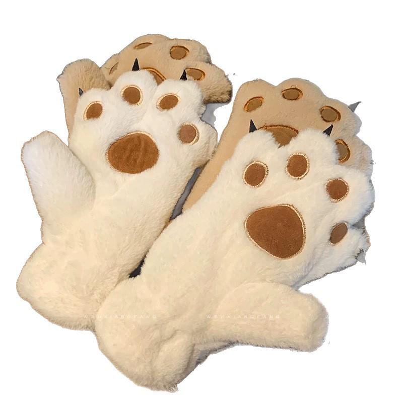 Cute Cartoon Bear & Cat Paw Plush Winter Gloves for Women and Students - Fleece Lined, Neck Hanging, Cold-Proof, Trendy for Cycling