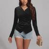 Gold Velvet Long-Sleeve Irregular V-Neck Top - Sexy Retro Waist Design for Women