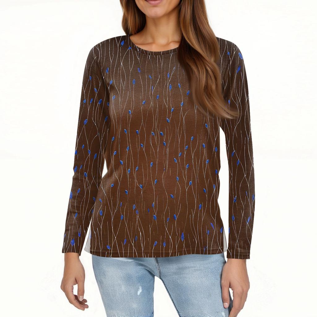 Women's Fashion Casual Slit Hem Round Neck Long Sleeve Loose Printed T-Shirt Ladies Top