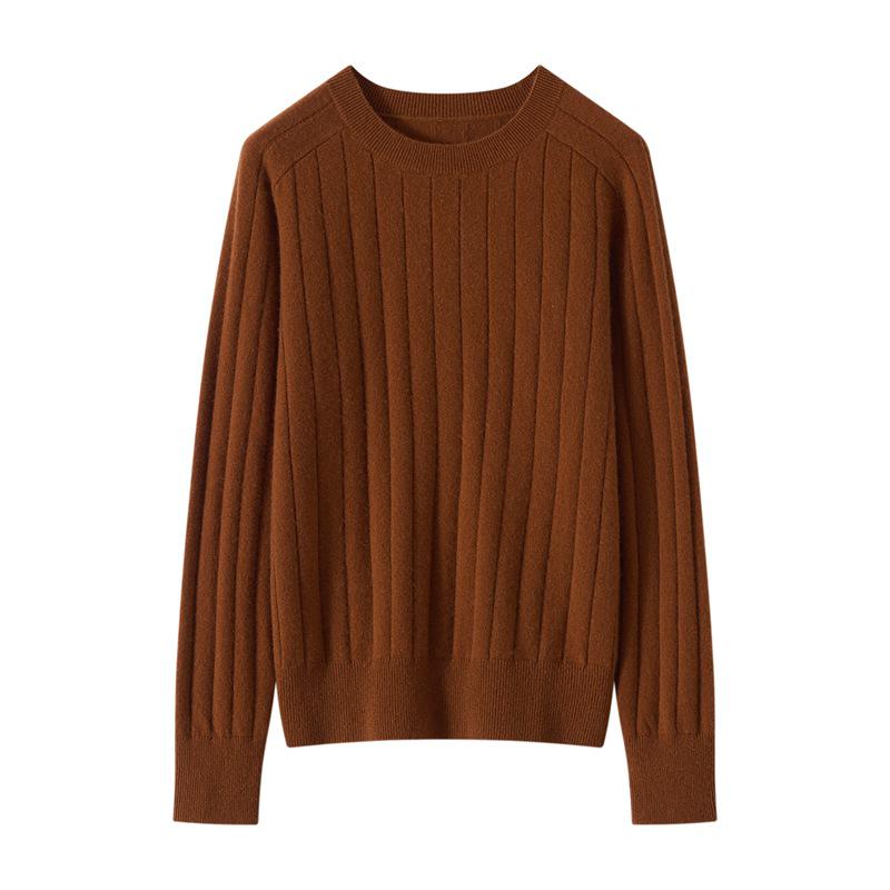 Women's Pure Cashmere Ribbed Knit Pullover - Autumn/Winter Round Neck Base Layer