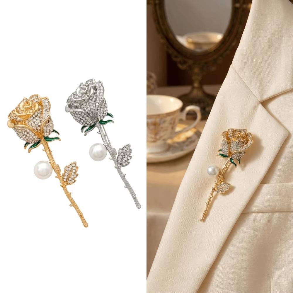 Elegant Rose Brooch with Pearl Accent and Rhinestone Embellishments for Coat Suit Jacket Accessory Fashion Jewelry Pin