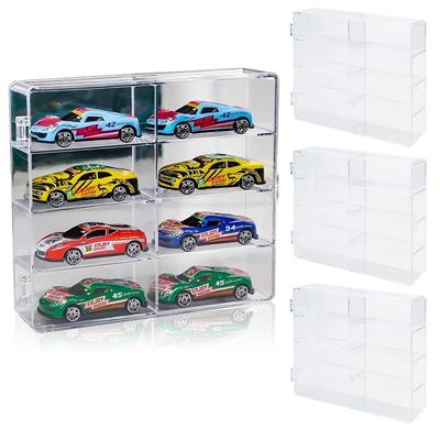 Set of 4 Miniature Car Collection Cases, Storage, Display, and Stain Resistance, 8 Compartments, Stackable, Clear