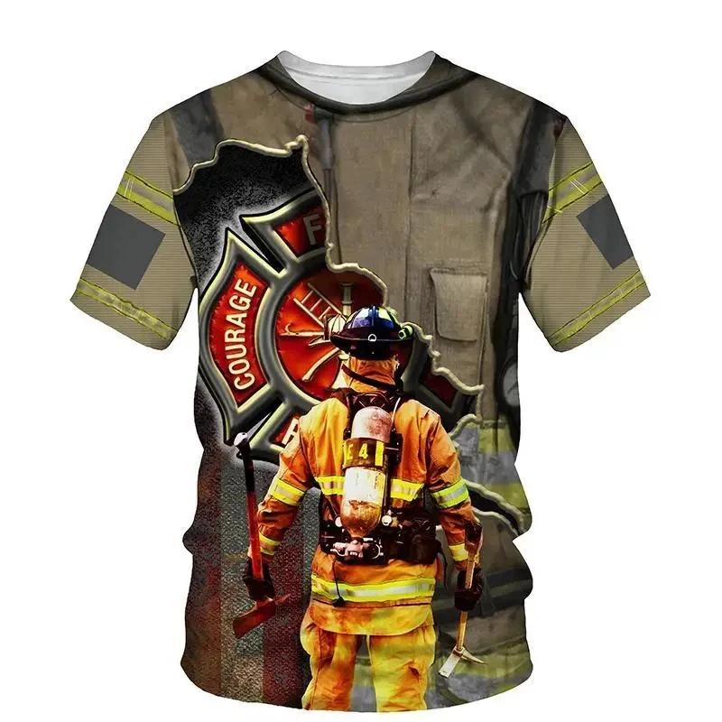 Summer Round Neck 3D Firefighter Print Top Fashionable Casual Short Sleeved Men's T-shirts