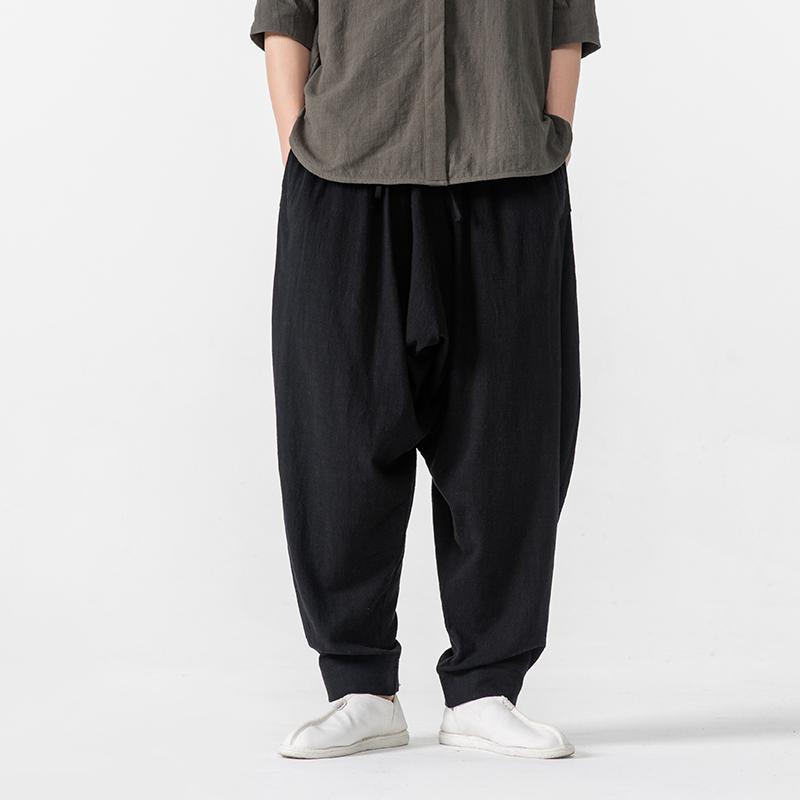 

2025 Мужские хлопковые льняные брюки, шаровары, мужские мешковатые повседневные свободные джоггеры, широкие брюки для йоги, брюки с заниженным шаговым швом, хип-хоп 5XL чёрный