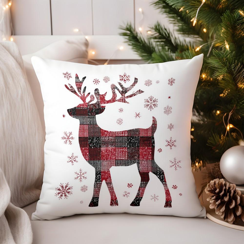 Home Decor Deer with Red Bow Christmas Pillow Cover Pattern Cushion Cover Suitable for Sofa Bedroom Car Pillow Cover