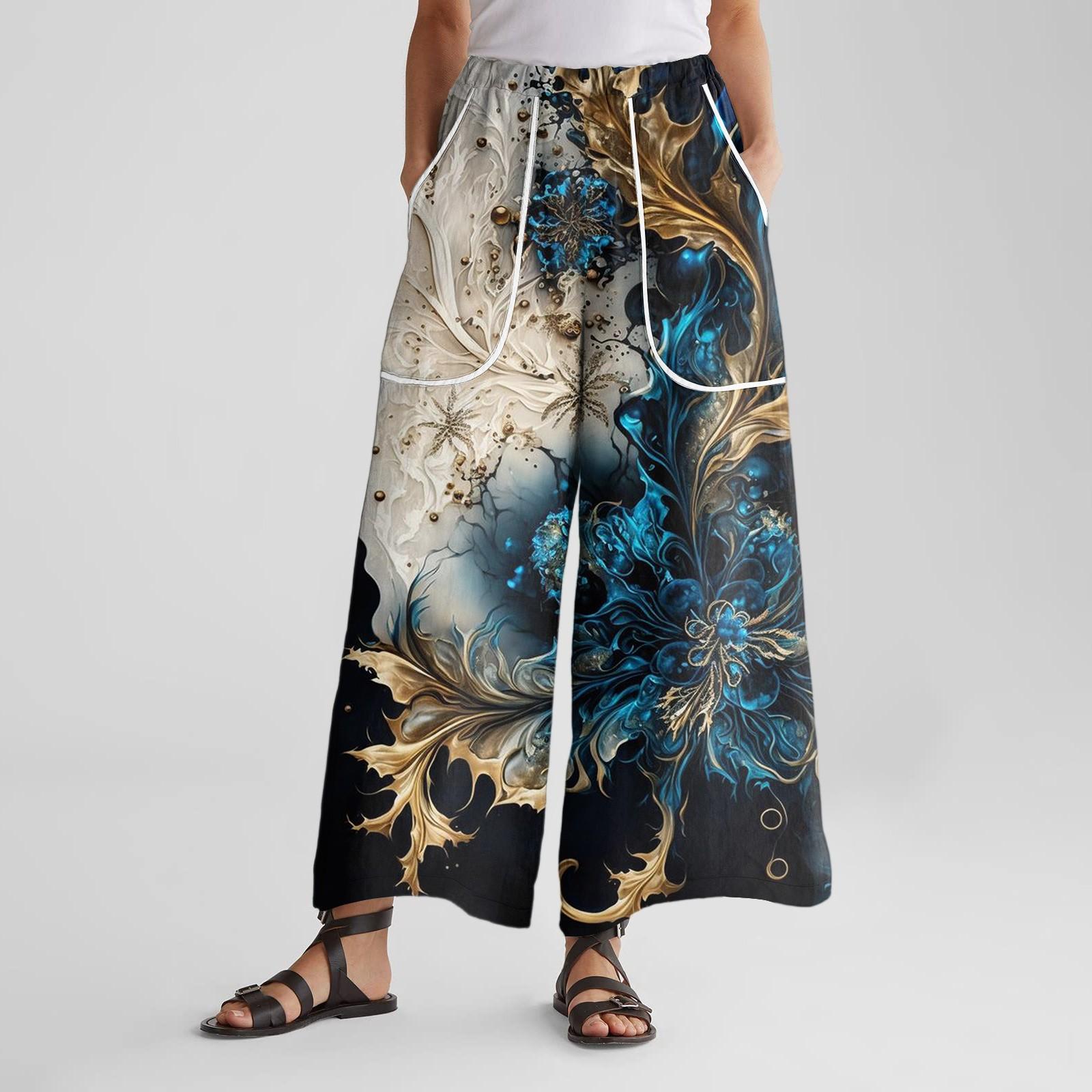 

Women s Wide Leg Pants With Elastic Waistband, Retro Printed Large Pockets, Patchwork Loose Pants L