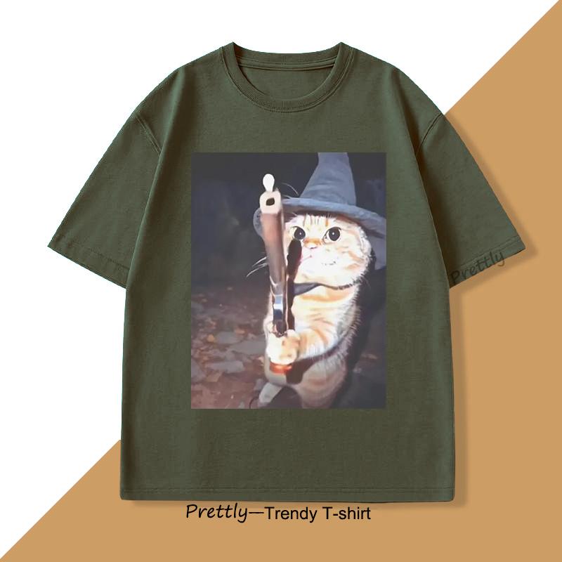 Funny Cat with Gun TShirt Magic Cat T Shirt Vintage Harajuku Cotton Short Sleeve Tee Casual ONeck Tee Shirts Streetwear Top