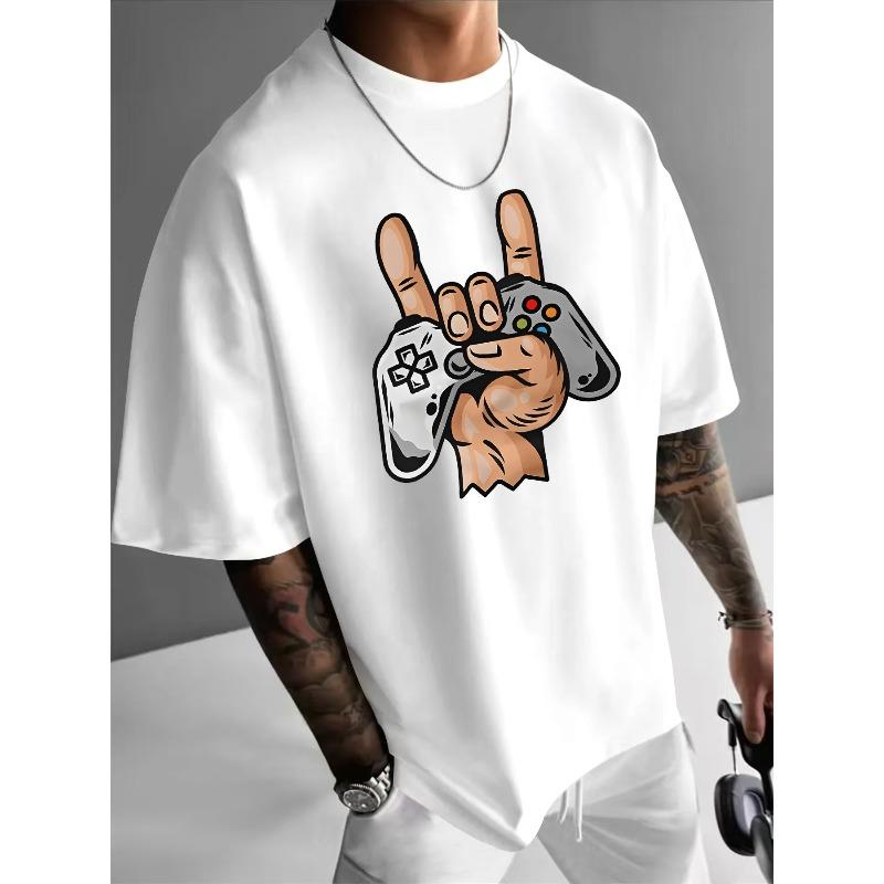 Men'S Summer Rock Hip Hop Game Controller Graphic T-Shirt - Casual Black Short Sleeve Tee with White Straps,Regular Fit for Gaming Enthusiasts