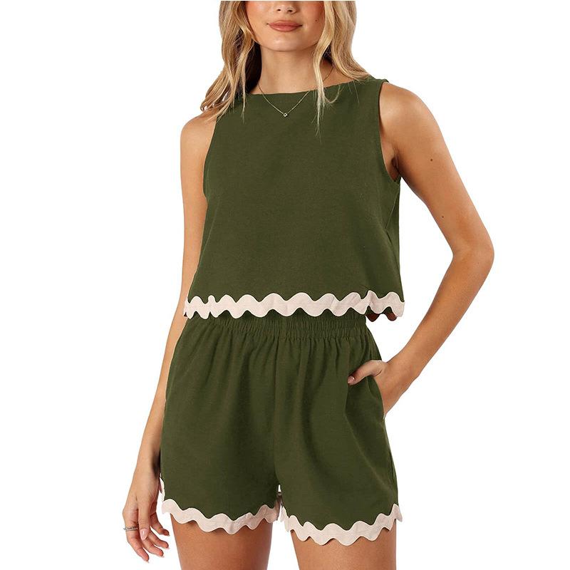 Women's Sleeveless Romper Shorts Set with Wave Hem in 6 Colors