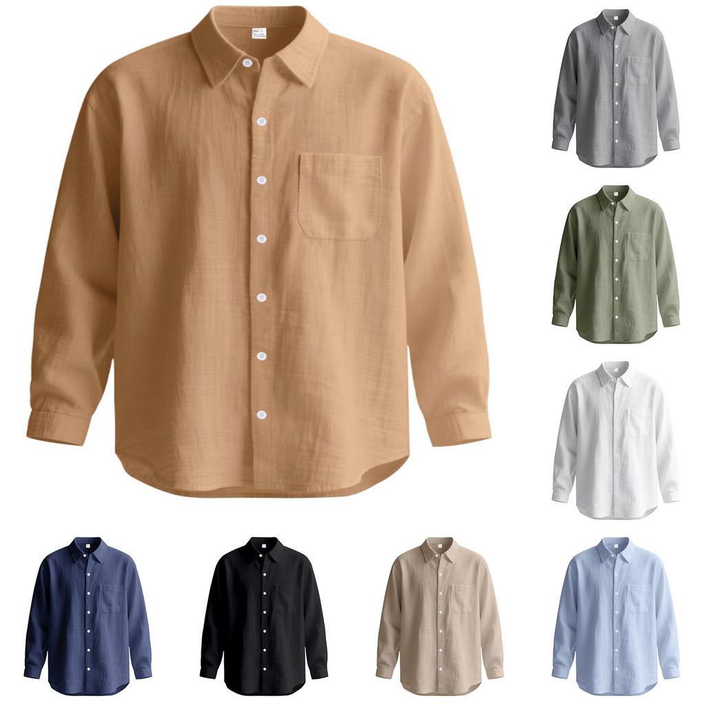 Men's Color Loose-Fit Linen Long-Sleeved Collared Shirt Cardigan