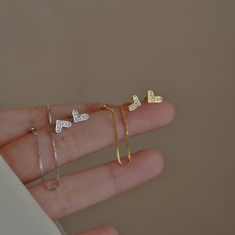 Love Double Ear Piercing Threaded Stud Earrings for Women - Sweet, Exquisite Asymmetrical Design with a Niche Appeal