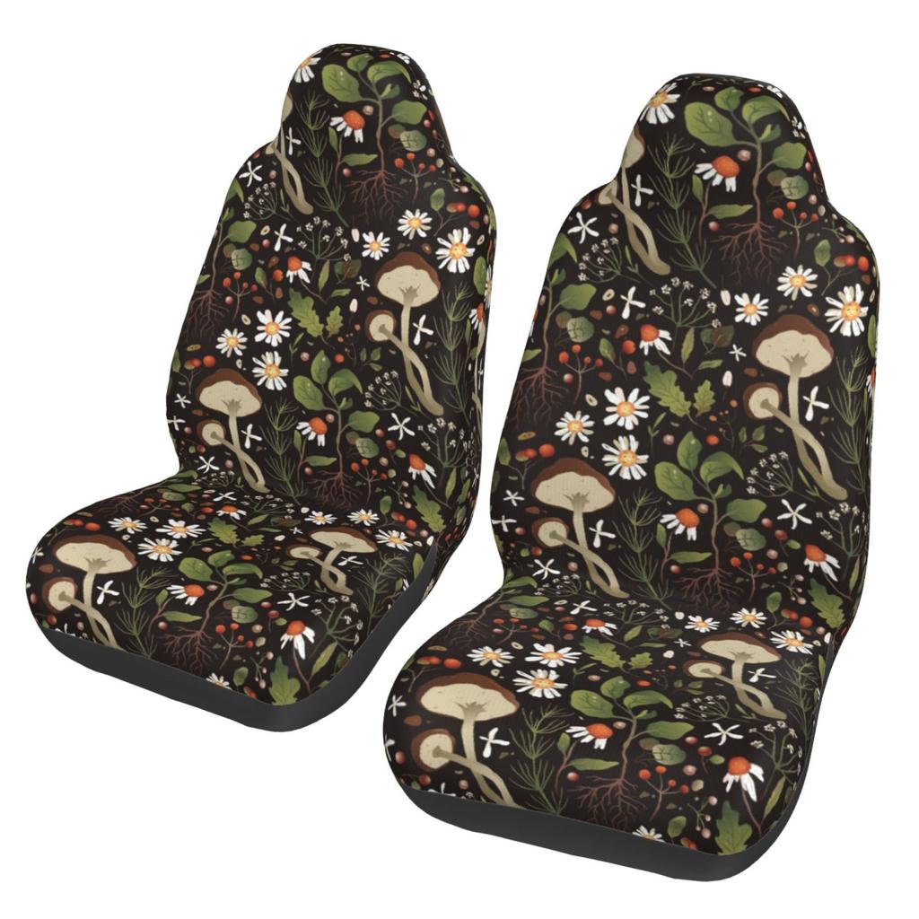Mushroom and Floral Pattern 2 Pieces Covers Front Car Seat Universal Protector Cushion Cover Saddle Comfort Covers Fit Most Car