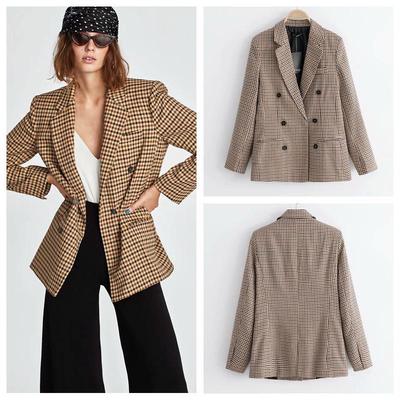 Modischer zweireihiger karierter Blazer mit langen Ärmeln und schmaler Passform für Damen