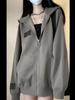 Women's Oversized Retro Streetwear Zip-Up Hoodie - Thin, Loose Fit for Autumn/Spring