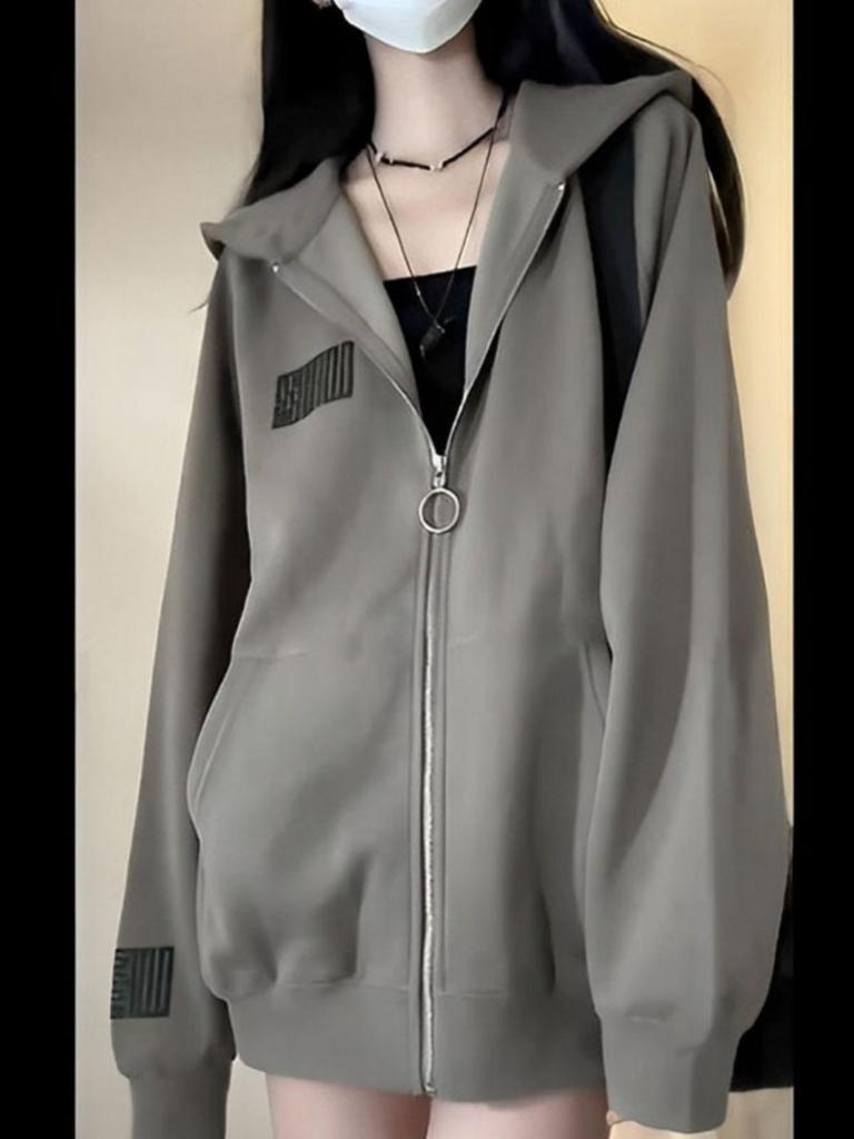 Women's Oversized Retro Streetwear Zip-Up Hoodie - Thin, Loose Fit for Autumn/Spring