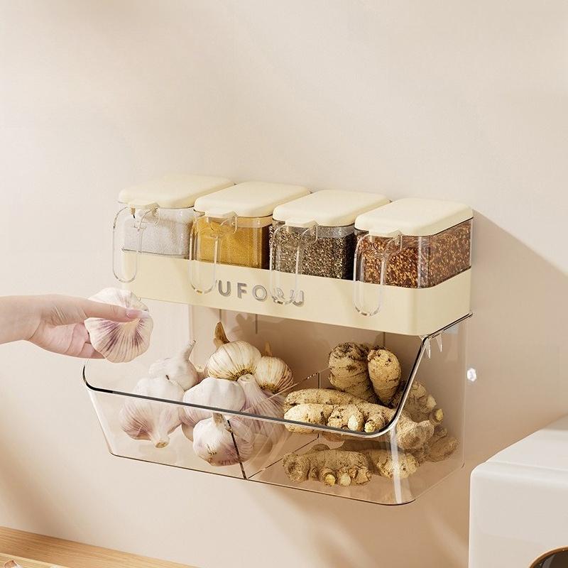 Food Grade Spice Box Wall Mounted No Drill Kitchen Storage Container for Ginger Garlic Plastic Organizer