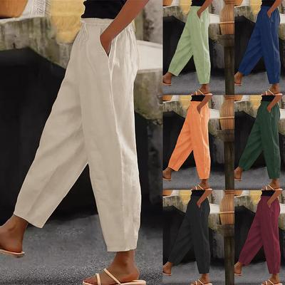 Pantaloni da donna nuovi, in cotone e lino, tinta unita, alla moda, casual, quotidiani, con tasche laterali, elastici, pantaloni da donna