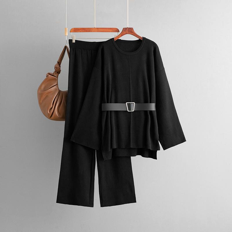 A New Autumn and Winter Fashion Set for Women, Featuring A Knitted Belt Top, Loose High-waisted Wide-leg Pants and Two Pieces