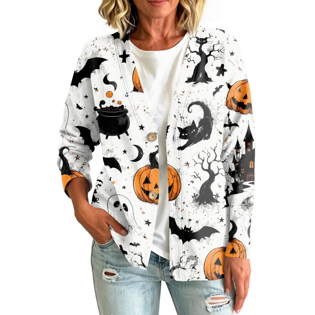 Women's Casual Long Sleeve Jacket with Halloween Print for Fall Parties and Daily Wear