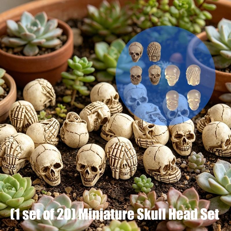 Halloween Mini Resin Skull Set 20 Piece for Terrarium Plant Pot Display and Table Scene Styling for Indoor Use