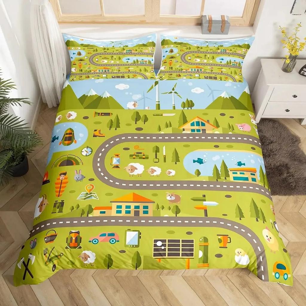 Rustic Suburb Soft Duvet Cover Countryside House Tre Hplus Grafiti Beding Set Nature Scenery Warm Comforter Cover Blue River Comfortable Quilt Cover