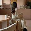 LYRIA Elegant Knitted Sweater Maxi Dress Outfits for Women Flare Sleeve Sexy Backless Dresses Edible Tree Fungus Clothes