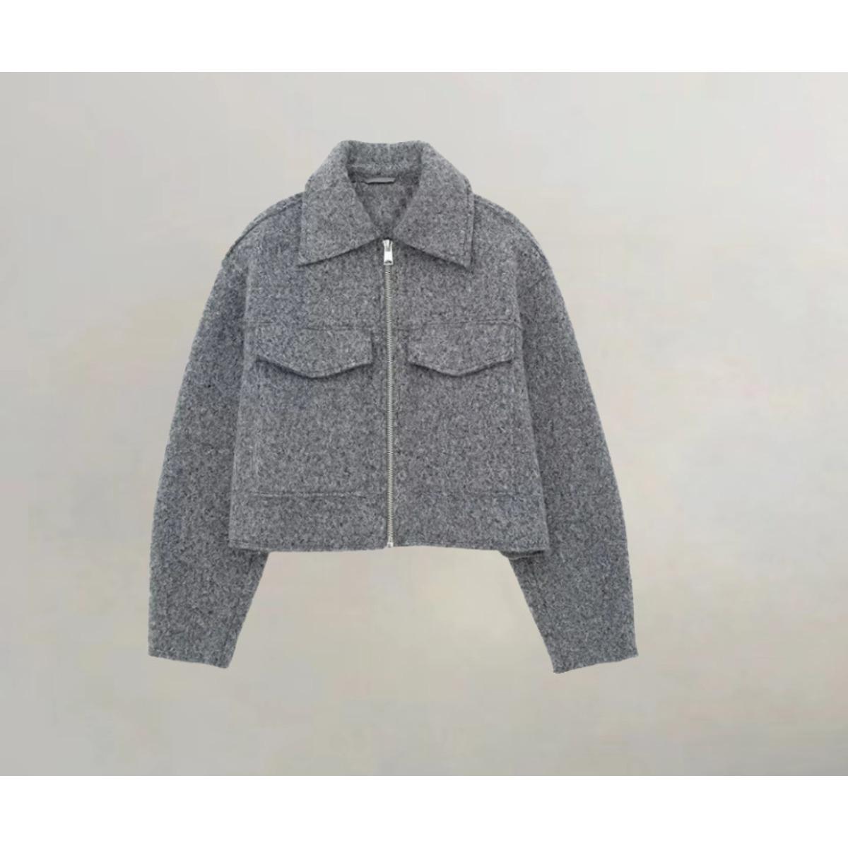 Women s Lapel Collar Zip Up Long Sleeve Pocket Detail Cropped Wool Blend Casual Jacket Coat S