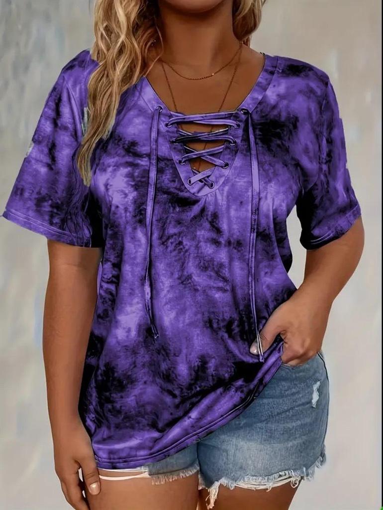 Top Casual da Donna a Manica Corta Tie Dye con Lacci e Scollo a V Taglie Forti