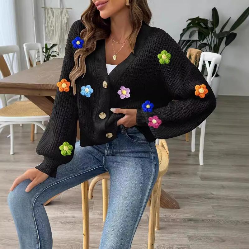 Gilet pull pour femme grande taille automne et hiver fait main au crochet fleurs patchwork court à boutons