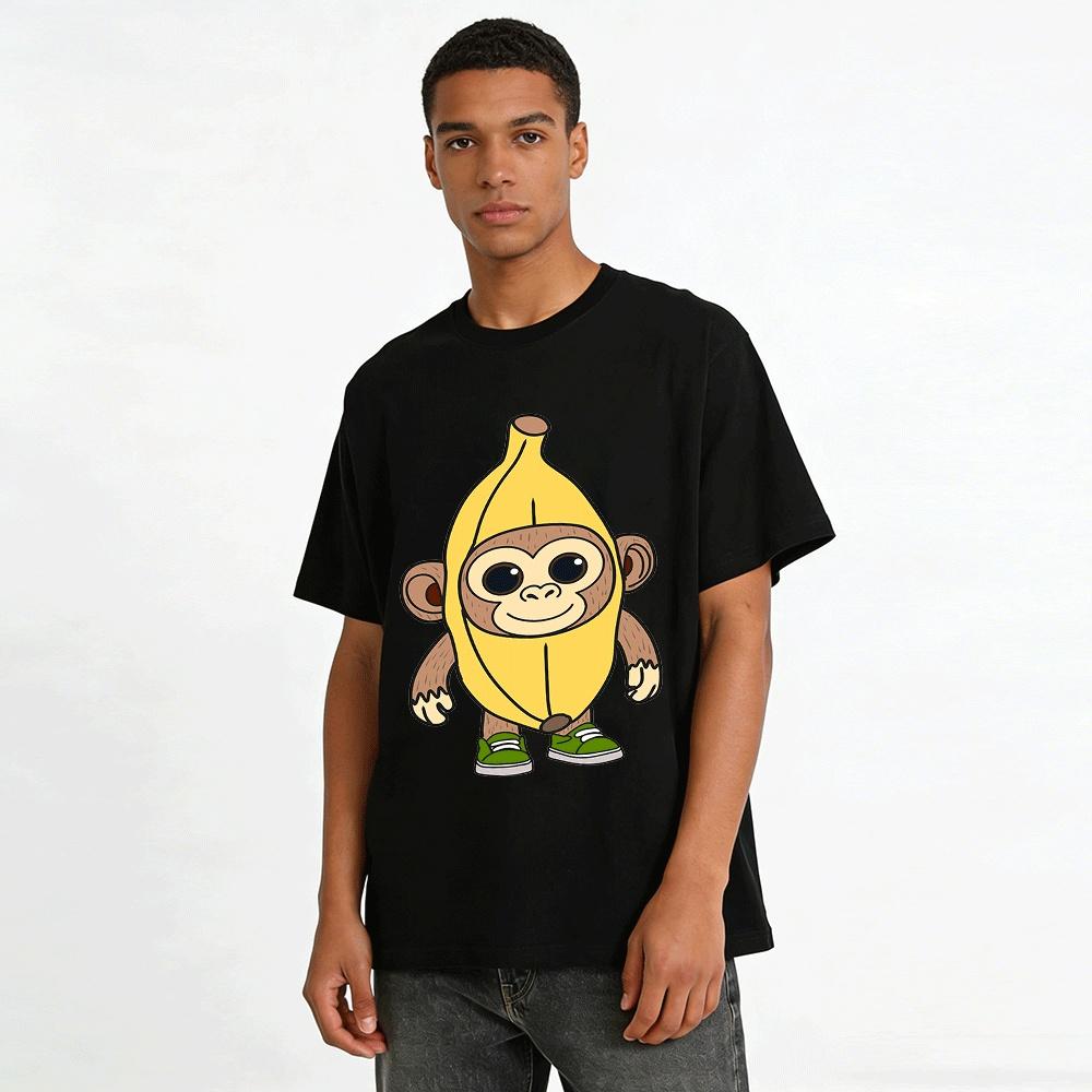Cute Monkey Banana Funny Cartoon Print Casual T-Shirt For Kids Adults Pure cotton T-shirt